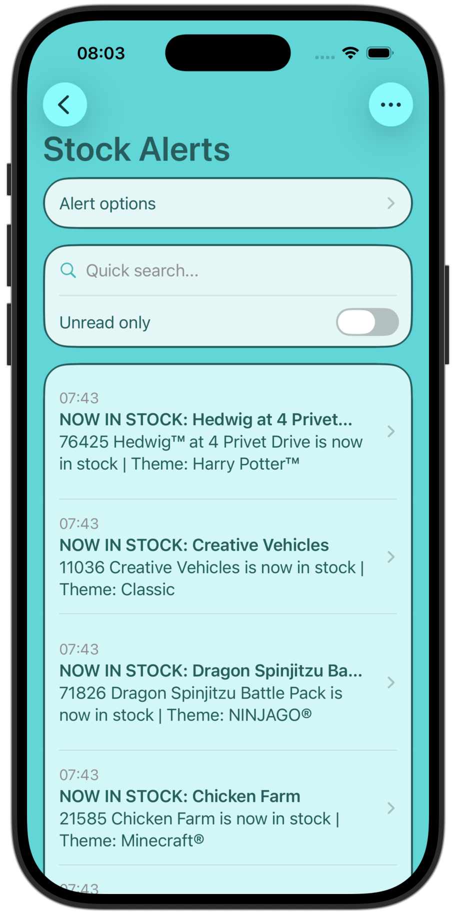 Stock alerts screen
